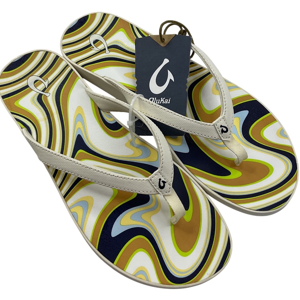 OluKai Puawe White Sand Swirl Flip Flop Sandals Womens 11 20498-WSZL
